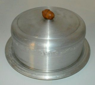 Vintage Mid Century Aluminum Cake Plate & Cover Acorn Handle Knob Oak Leaves