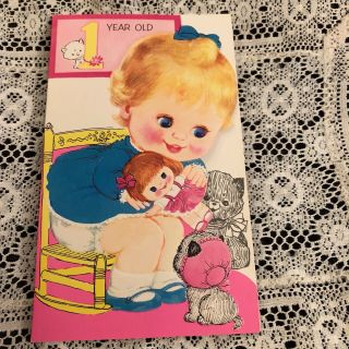 Vintage Greeting Card 1st Birthday Cute Baby Girl Doll Dog Cat
