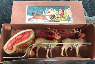 40s 50s Rare Japanese Celluloid Santa In Sled W 2 Deer W Bells Ck Japan