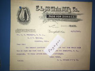E L Mcclain Pads For Horses N & W Railway Railroad Correspondence Letter 1901