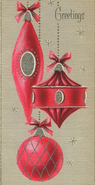Pink Mid Century Modern Christmas Tree Ornaments Vintage Greeting Card Glitter