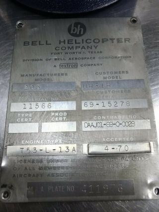 Bell Huey Helicopter Us Aircraft M.  A.  A Plate No.  411976