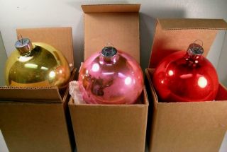 3 Vtg 5” Shiny Brite Xmas Mercury Glass Jumbo Ornaments In Boxes Pink Red Gold