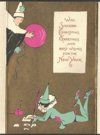 C67 - Art Deco Clowns - Vintage Folding Xmas Card