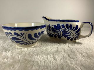 Vintage Anfora Pottery Hecho - En Mexico Blue White Coffee Creamer & Small Bowl