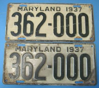 1937 Maryland License Plates Matched Pair Neat Number