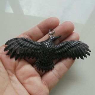 Raven Pendant,  Raven Carving From Buffalo Horn Carving With Silver Bail 020707