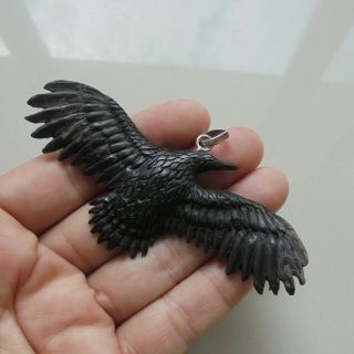 Raven Pendant,  Raven Carving From Buffalo Horn Carving with Silver Bail 020707 2