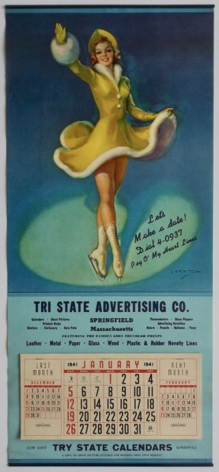 Vintage 1941 Jules Erbit Ice Skater Pin - Up Calendar Massachusetts Advertising Nr