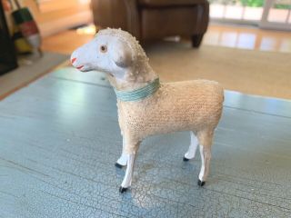 Putz Sheep Wooly Stick Leg Composition Antique Germany German Toy Blue Collar 4 "