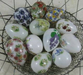 12 Antique Hand Blown Glass Eggs With Decals And Basket