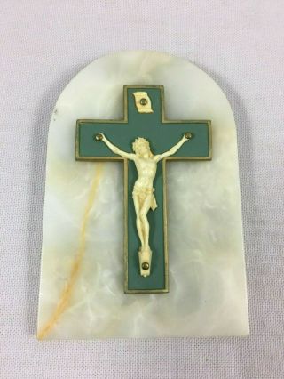 Antique French Wall Marble & Brass Jesus Christ Crucifix Religious Catholic