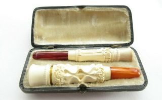 Antique 19th Century Set Meerschaum Clay Amber Cigar & Cigarette Holders Carved