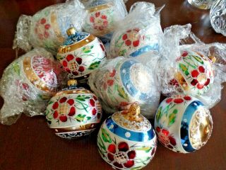 10pc Set Vtg Jumbo 3 " Blown Glass Christmas Tree Ornament Glitter Balls - Poland