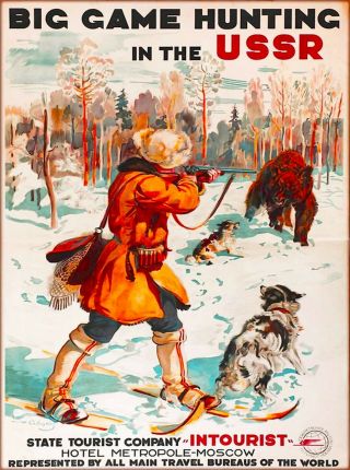 Big Game Hunting In The Ussr Russia Horse Statue Vintage Travel Art Poster