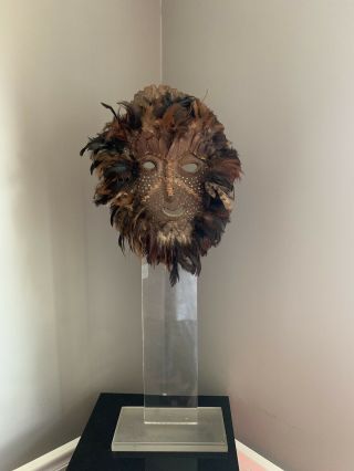 African (?) Tribal Mask On Stand With Feathers Etc.  Unknown Tribe Or Origin