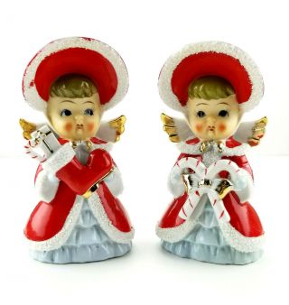 Set Of 2 Vintage Christmas Angel With Candy Canes/stocking Figurines Japan 6.  25 "