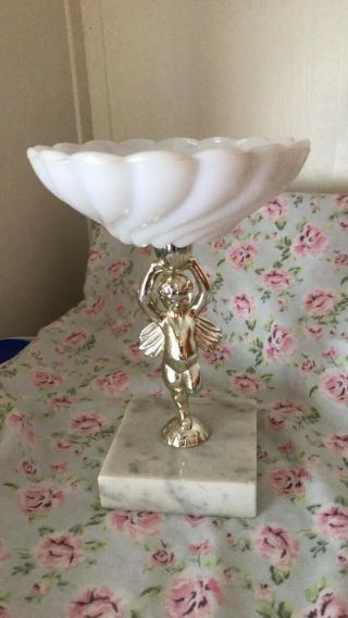 Vintage Milk - Glass Metal Cherub Angel Figurine Marble Soap Dish Trinket Dish Fs
