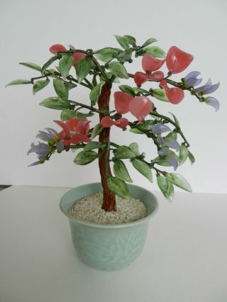 Vintage Chinese Jade Bonsai Tree In Celadon Planter