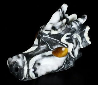 5.  4 " Rare Fossil Carved Crystal Dragon Skull Tiger Eye Eyes,  Crystal Healing