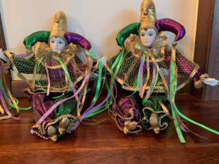 Two Mardi Gras 16 " Dolls Jester Porcelain Purple,  Gold,  Green