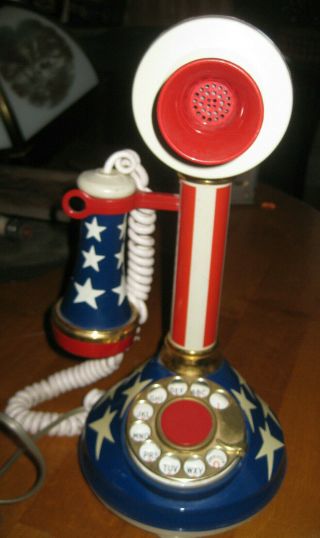 Vintage Red White & Blue Candlestick Phone 1973 Deco Tel Rotary Style W/ Cord