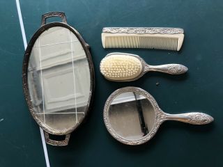 Antique 4 Piece Vanity Set Silver Plated Hair Brush,  Comb And Hand Mirror Set