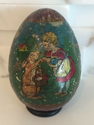 Antique Tin Litho Easter Egg,  Rabbit,  Bunny,  Girl,  Candy Container,  German