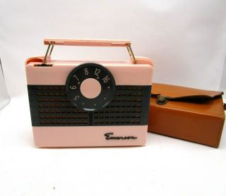 Vintage Emerson Model 850 Peach Portable Am Tube Radio With Carry Case