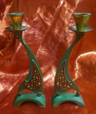 Two Vintage Brass Enamel Green Candle Holder Sticks Made In Israel