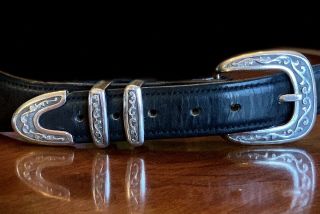 Vogt Sterling Silver 4pc Belt Buckle Black Leather Belt 041 - 129 Size 34