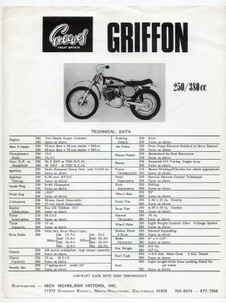 British Motorcycle Advertising Sales Sheet - " Greeves Griffon 250/380 Cc "