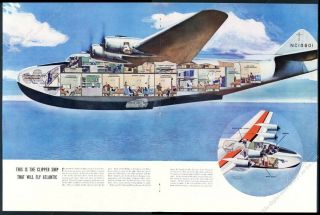 1939 Pan Am Airlines Plane Atlantic Clipper Diagram Art Big Vintage Article
