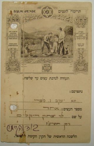 Jewish Judaica 1917 Kkl Jnf Tree Fund Card Donation Receipt Zionist Palestine