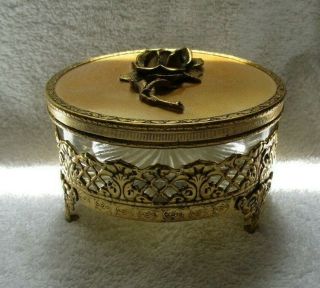 Vintage Ormolu Floral Powder Jar / Vanity Dresser Box Pressed Glass Liner
