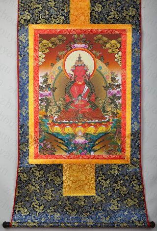 32 " Dragon Brocaded Wood Scroll Tibetan Thangka - Amitabha Buddha Of Longevity -