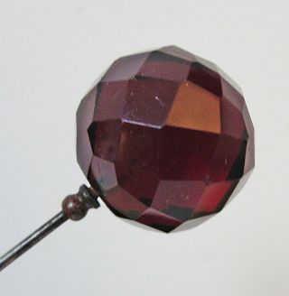 Antique Hatpin Large Faceted Deep Red Glass