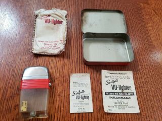 Vintage Dice Vu Cigarette Lighter Windguard Scripto With Tin Case Advertising