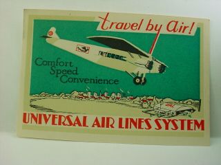 Vintage Universal Air Lines Baggage Label Sticker 1928 Rare
