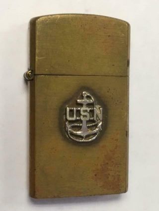 Vintage Unique Usn Us Navy Emblem Brass Lighter