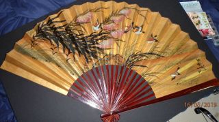 Antique Signed Asian Fan Large Hand Painted Gold Back W/ Birds Wall Size Art
