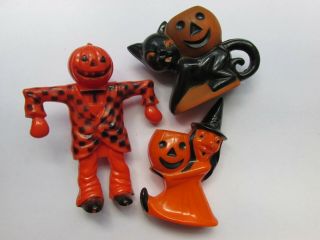 Vintage Halloween 3 Rosbro Candy Holders Witch Cat Scarecrow Jol Pumpkin Man