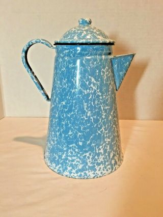 Vintage Blue & White Swirl Enamelware Coffee Pot Graniteware Kettle