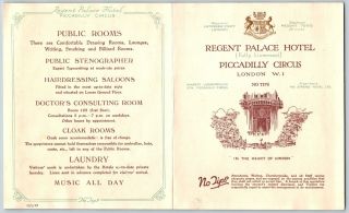 1927 Regent Palace Hotel London Piccadilly Circus Menu Room Rates No Tips