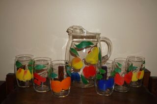 Vintage Bartlett Collins Gay Fad Clear Glass Ice Lip Water Pitcher & 6 Glasses