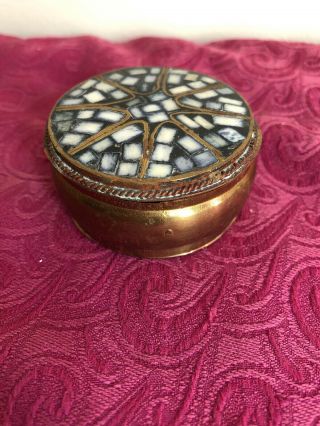 Vintage Chinese Shard Box Copper & Porcelain 2”round Trinket Jewelry Snuff Can