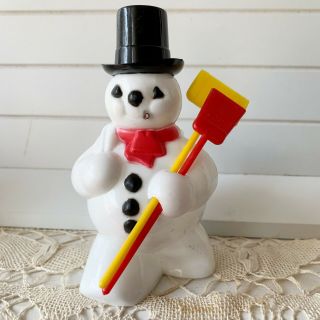 Vintage Christmas Hard Plastic Snowman Candy Holder With Red Shovel Broom