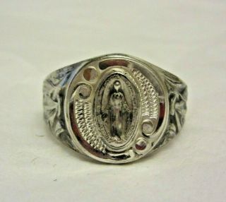 Vtg Sterling Silver Mother Virgin Mary Miraculous Medal Ring 7.  6 Gram Size 9 3/4