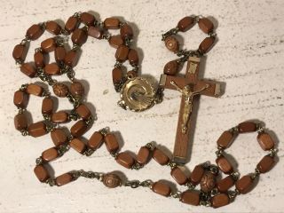 Vtg Blonde Wood & Brass Crucifix Rosary Necklace W/ Mary Medallion 25 " Italy