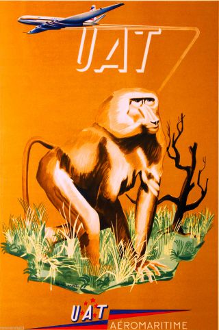 African Afrique Baboon Airplane Africa Vintage Travel Art Poster Advertisement